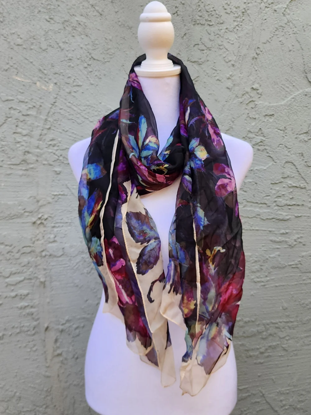 Watercolor Floral Sheer Chiffon Scarf Dark Moody Purple Blue Cream Wrap